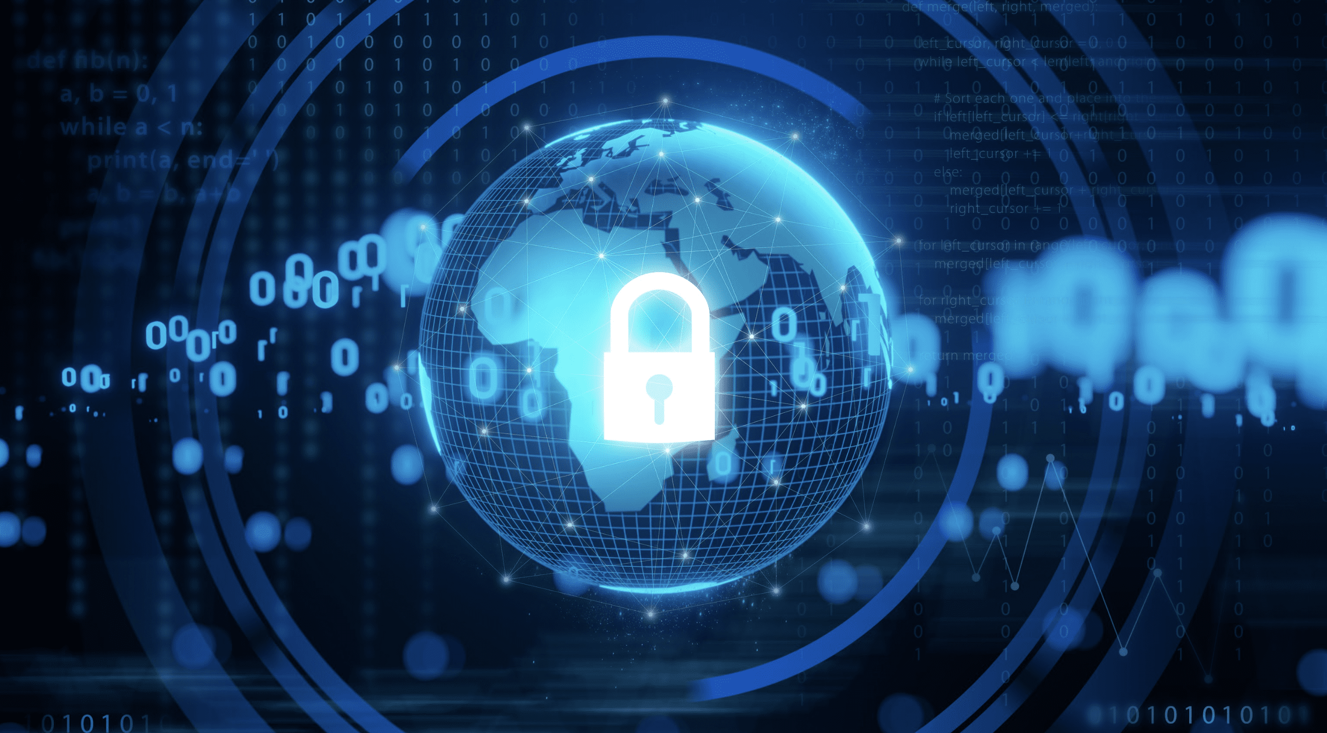 graphic of binary numbers floating around a holographic globe with a large white padlock superimposed