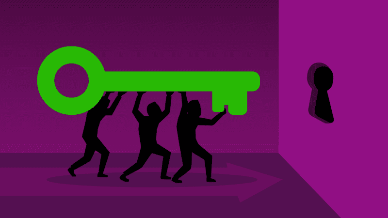 computer illustration of people maneuvering a large key