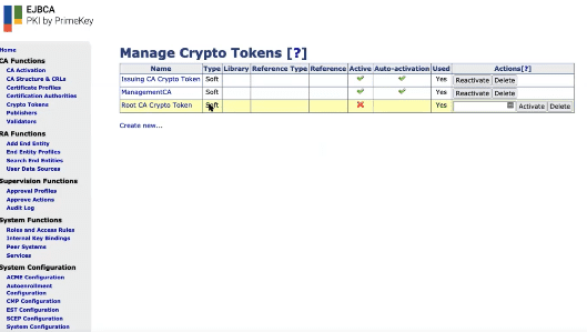 1 EJBCA Manage Crypto Tokens screenshot of EJBCA platform