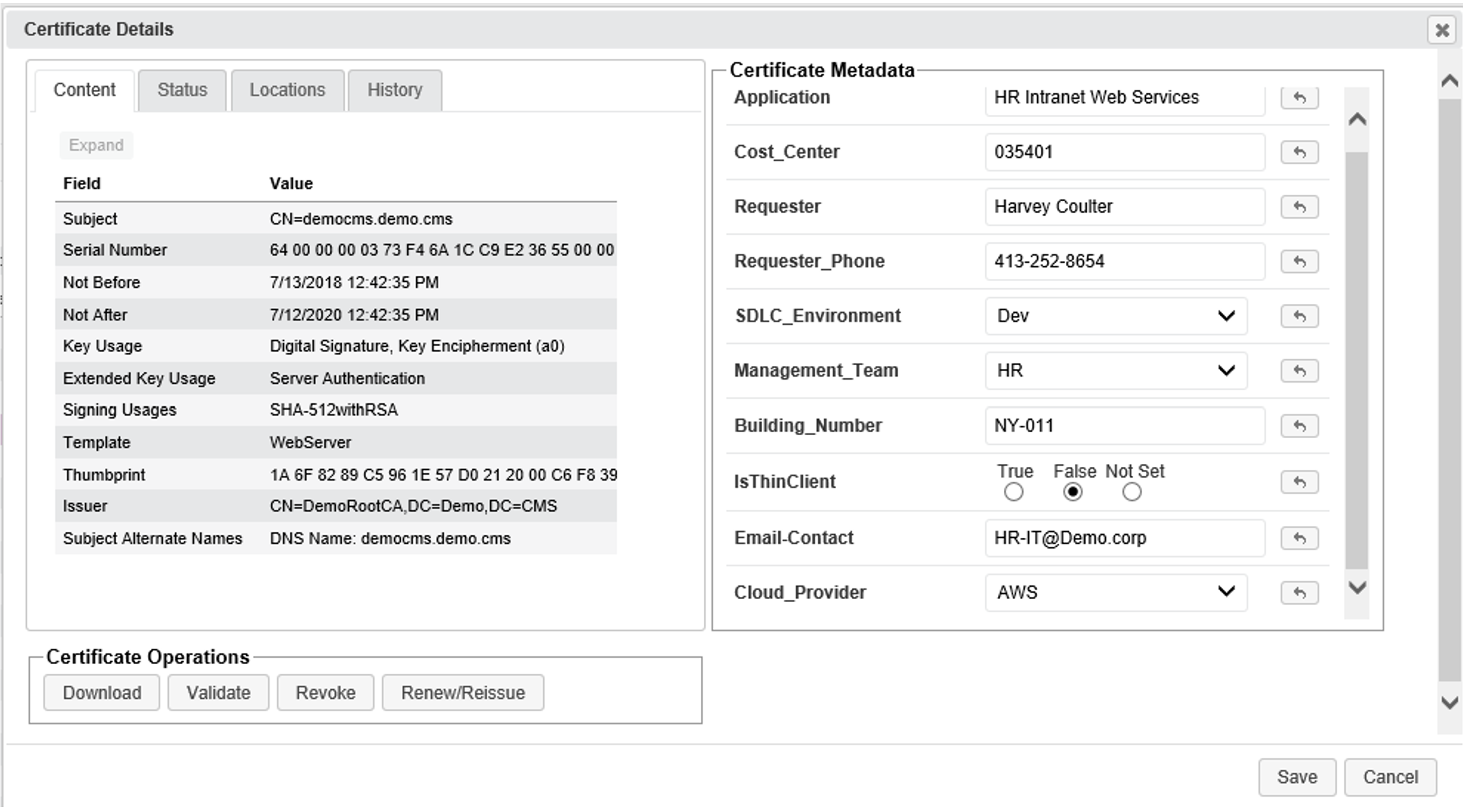 Certificate Information Metadata Customization