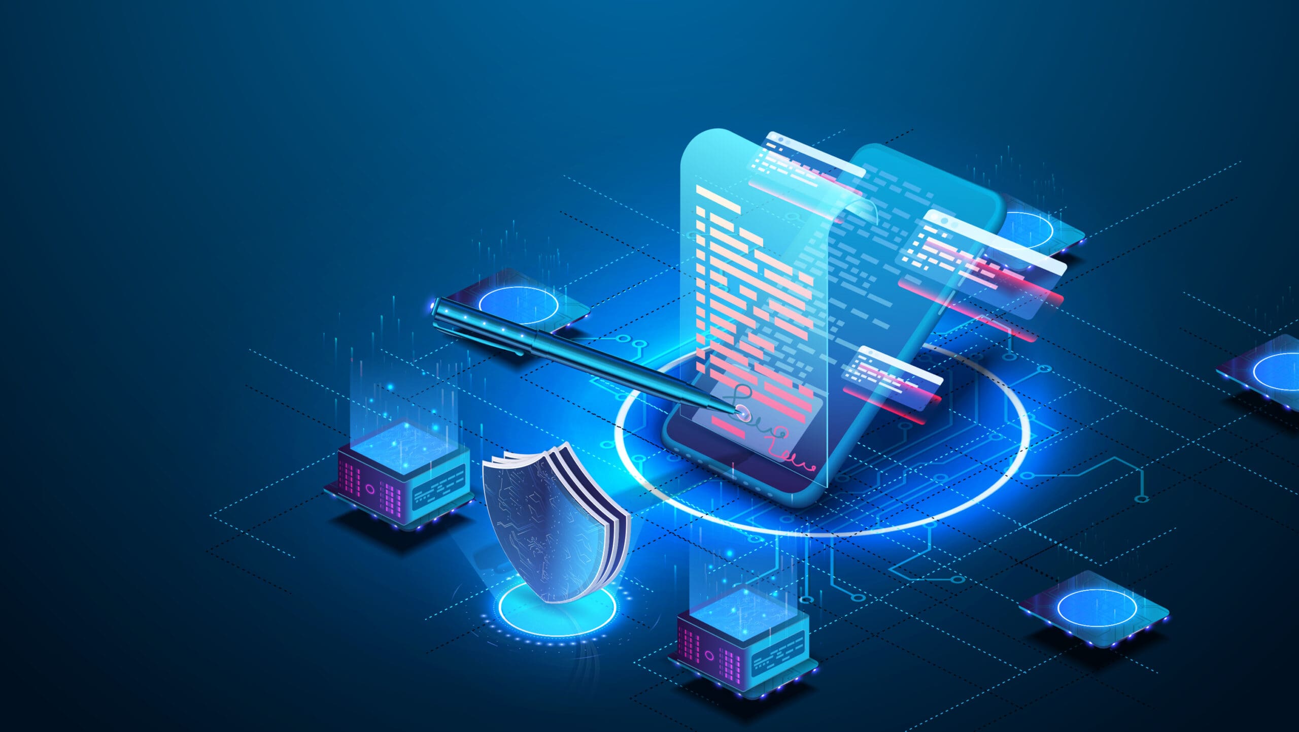 graphic illustration of a mobile phone and digital signature process