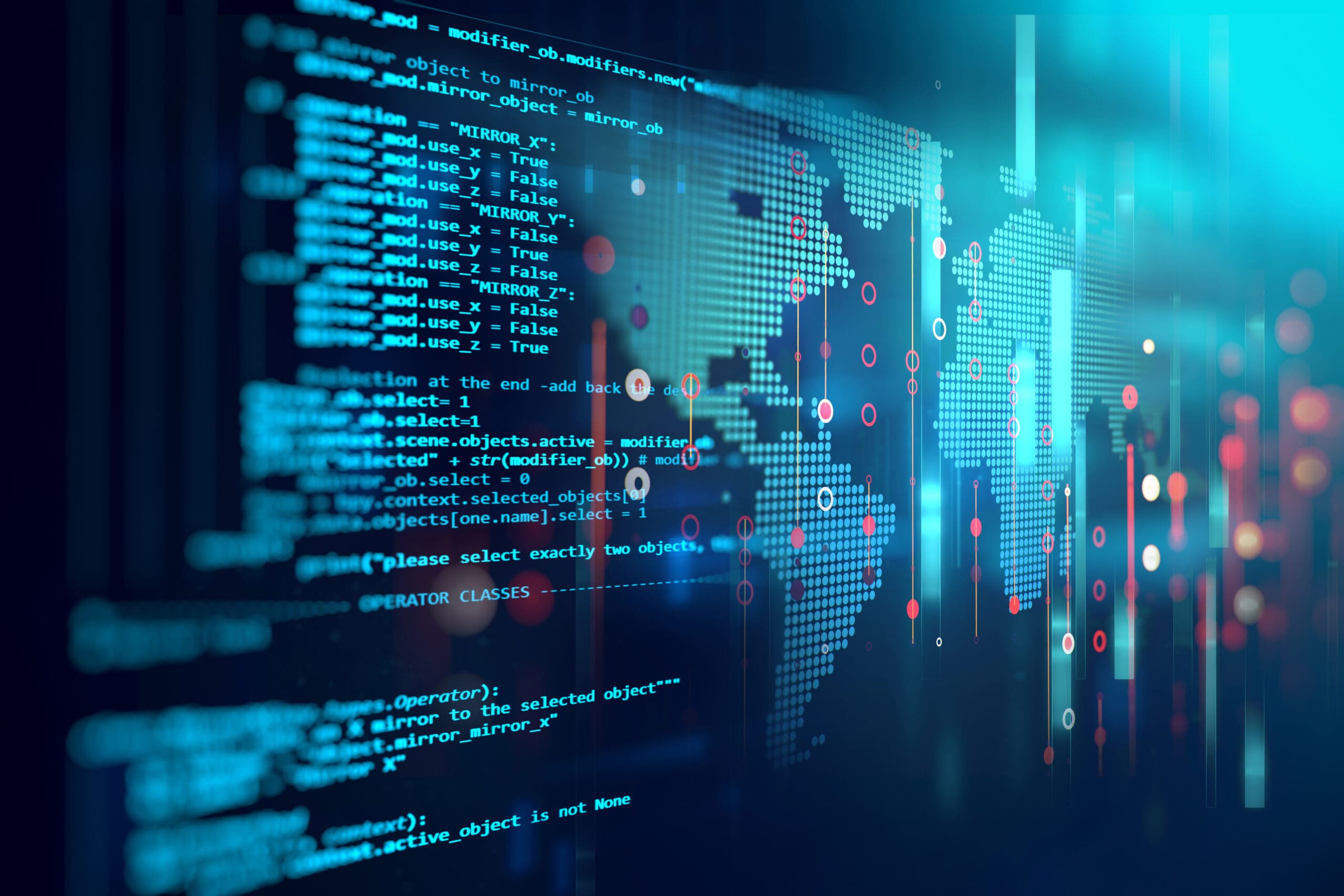 graphic illustration of a pixellated world map and computer code