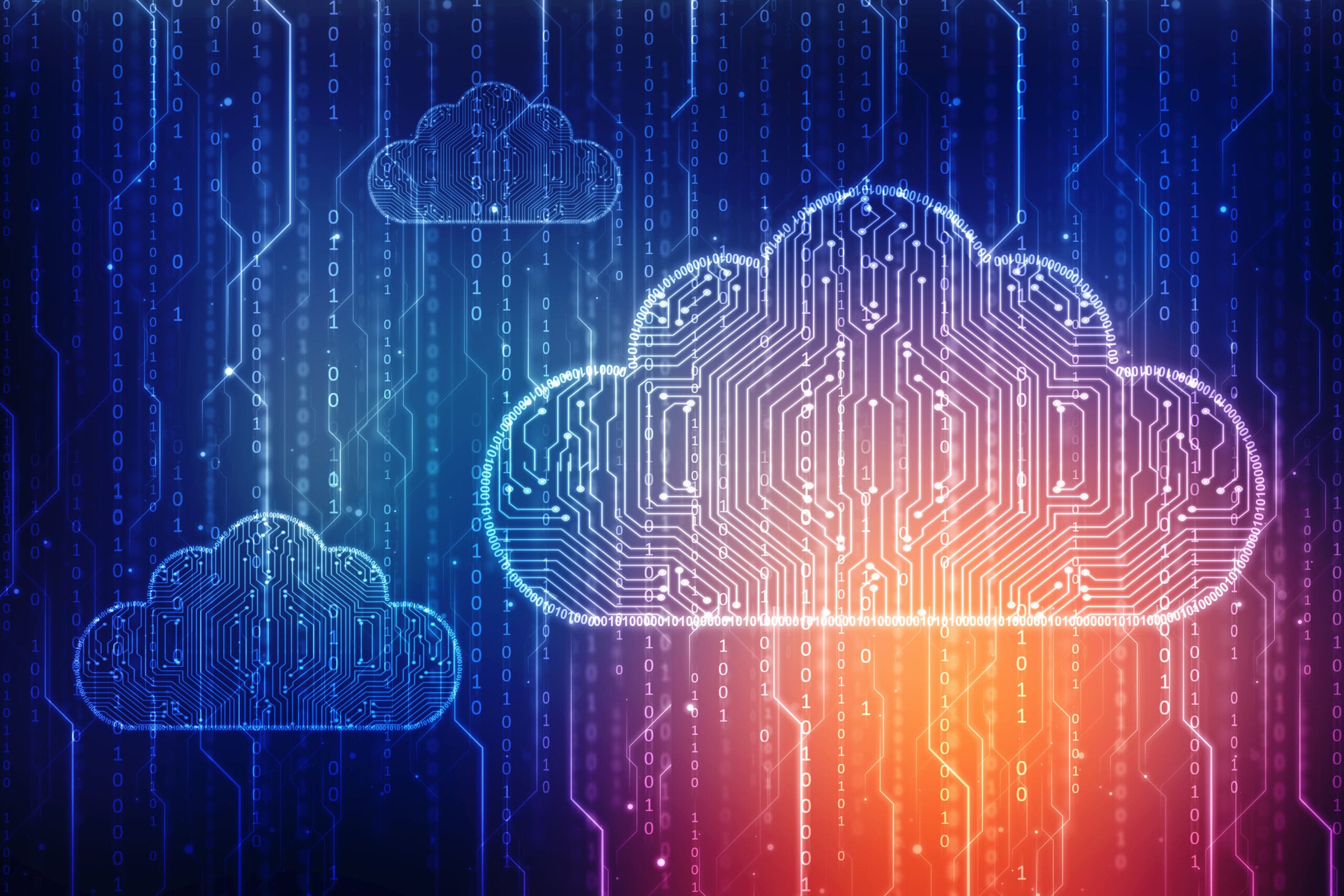 graphic illustration of digital clouds with streams of binary code raining