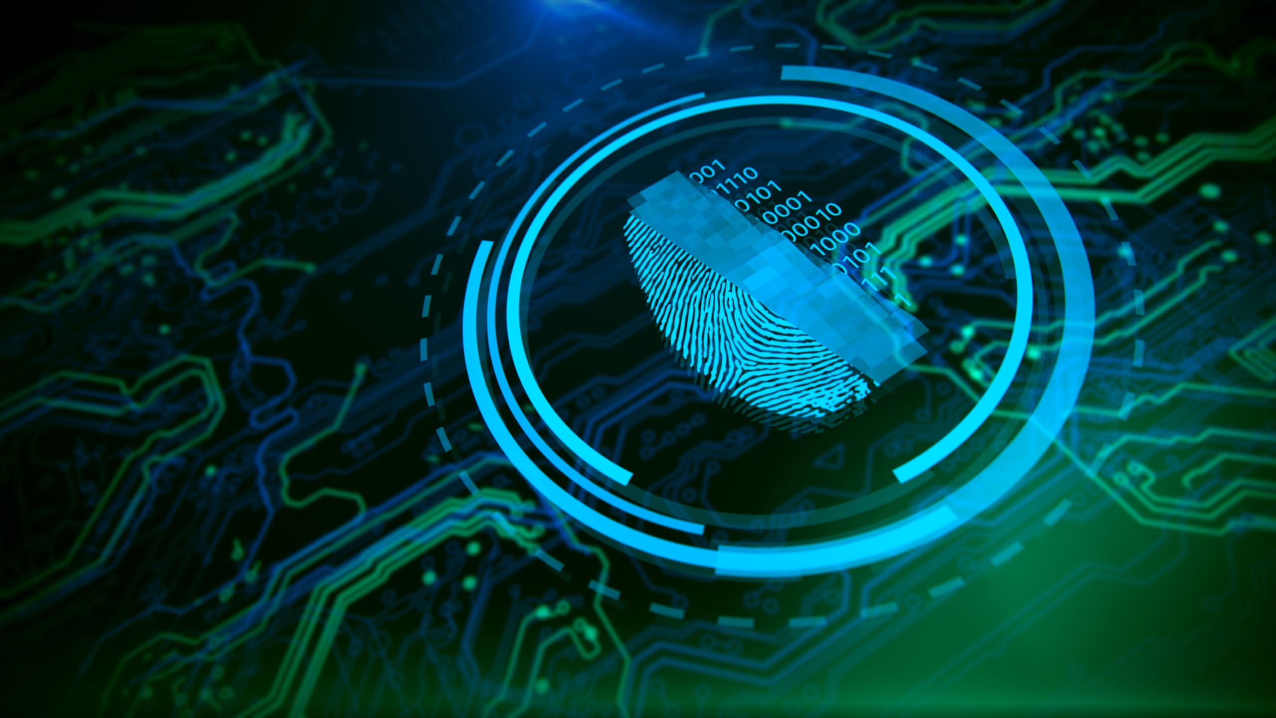 graphic illustration of green circuitry with a digital fingerprint in the center