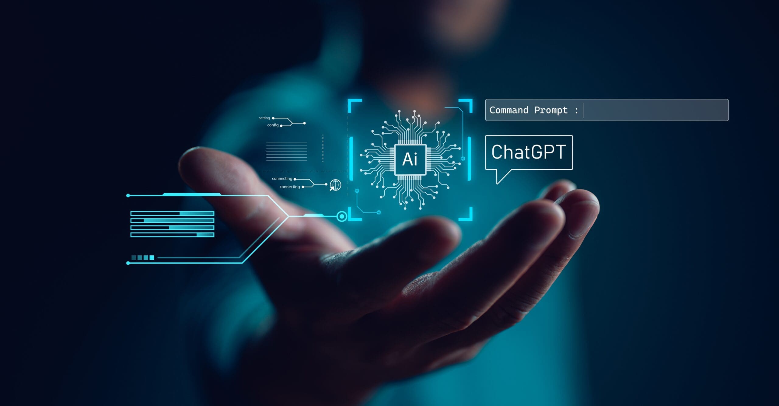 graphic illustration of a circuit and a ChatGPT command prompt on a photo of a man reaching out his hand