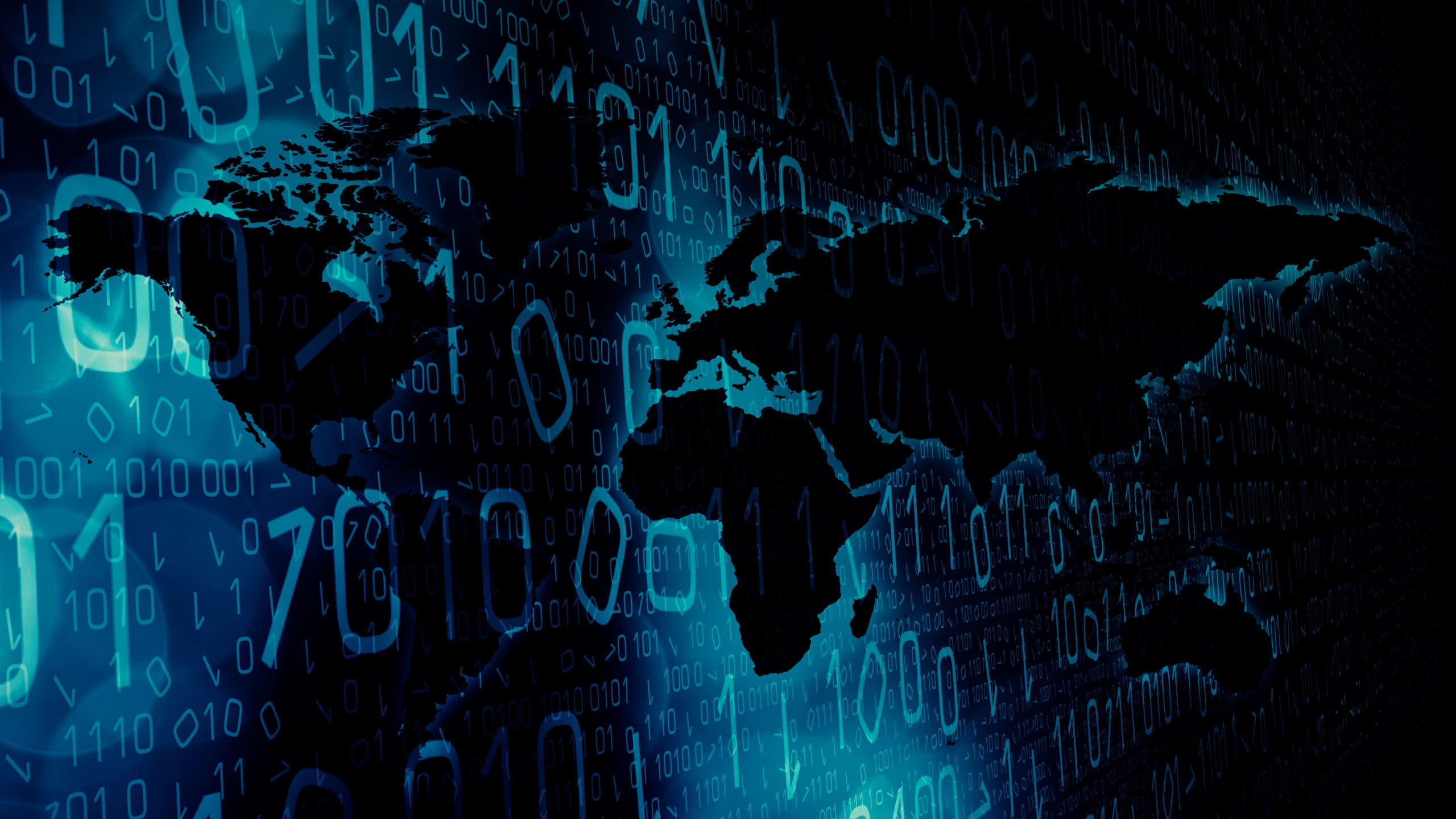 graphic illustration with binary code and an overlay of the world map