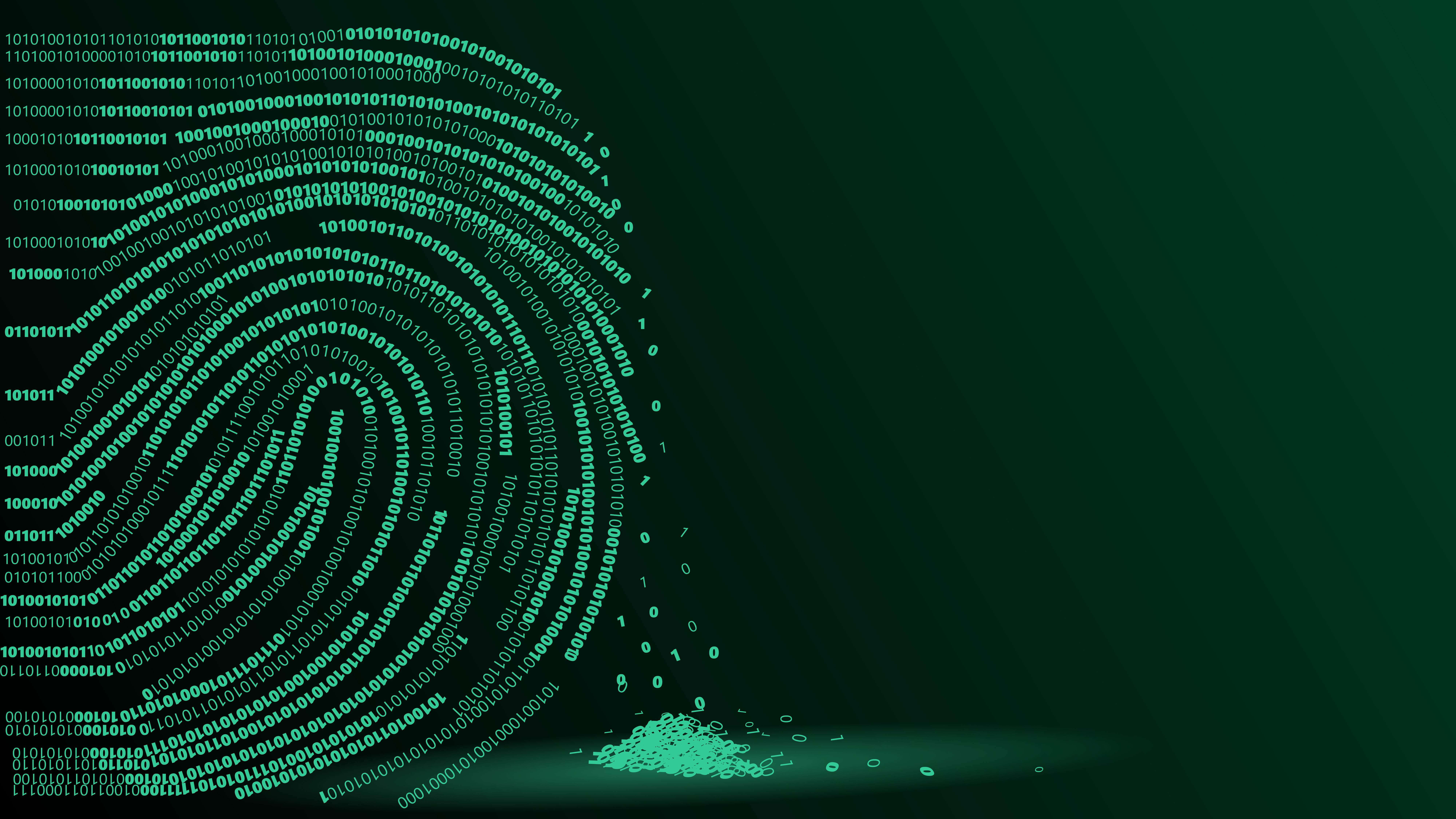 graphic illustration of a green fingerprint made of binary code dissolving into a pile on the ground
