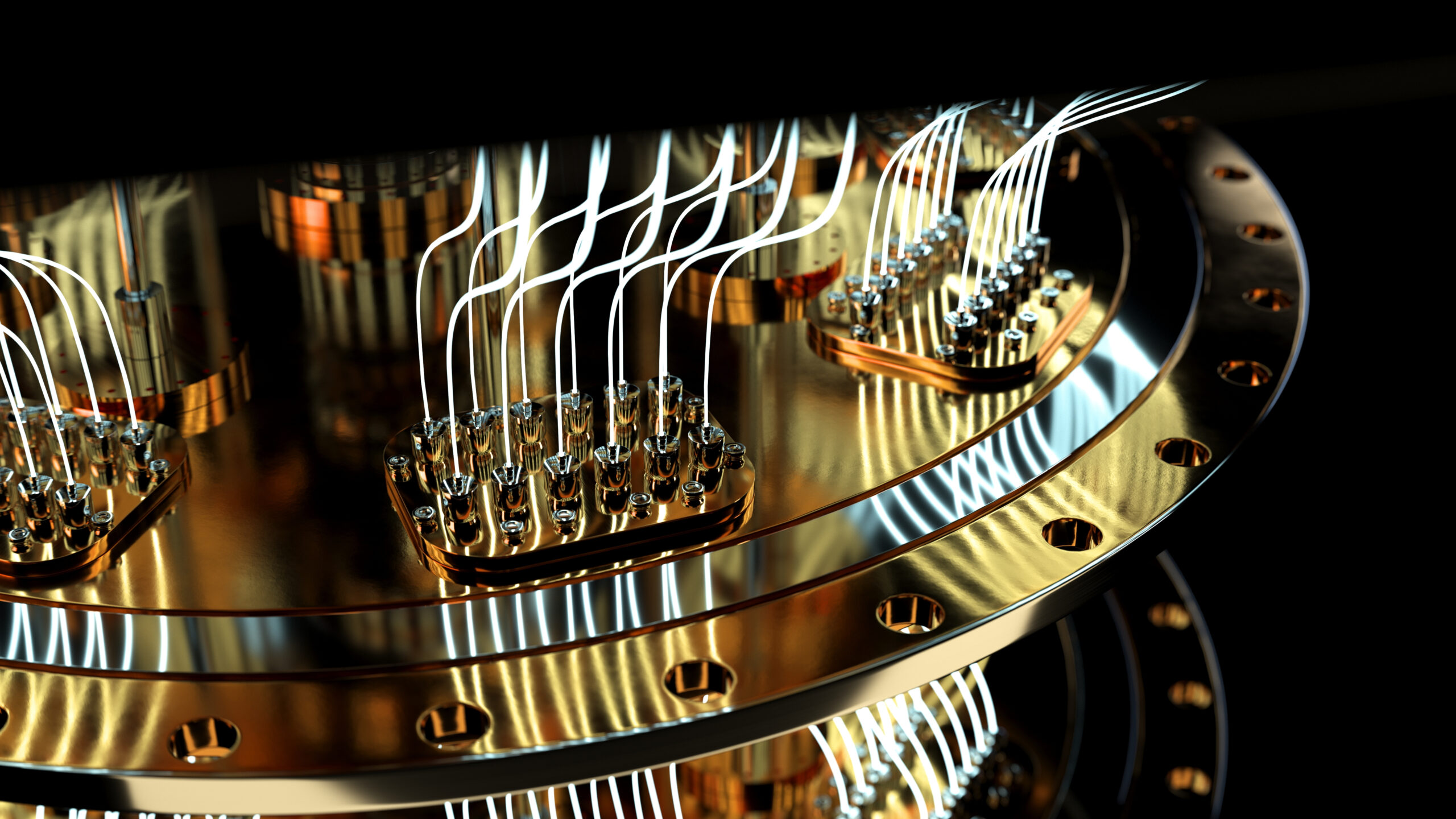 close up image of machinery and glowing cables for a quantum computer