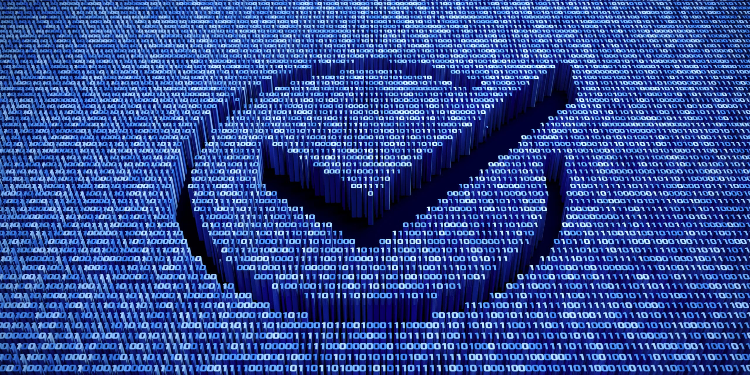 graphic illustration of large checkmark formed from empty spaces between a field of binary code