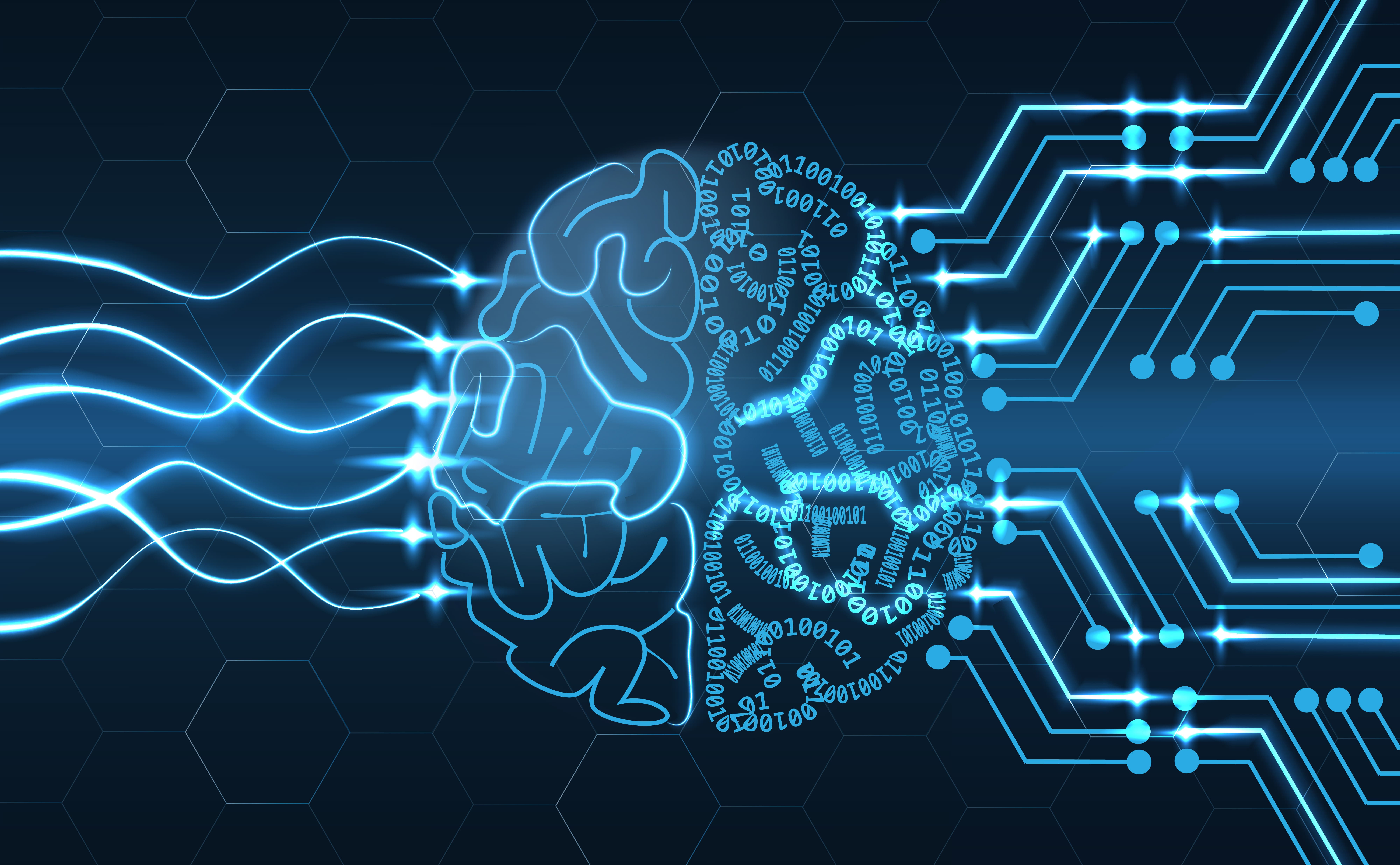 graphic illustration of a brain that's half organic and half circuitry with binary code