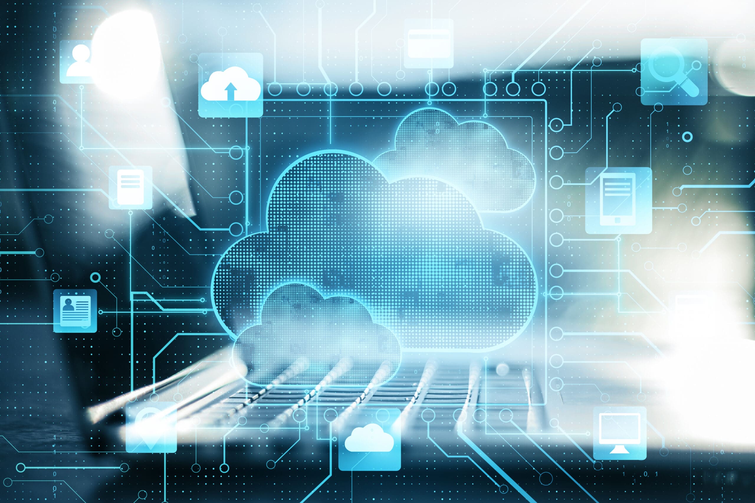 graphic illustration of abstract circuitry and cloud icons