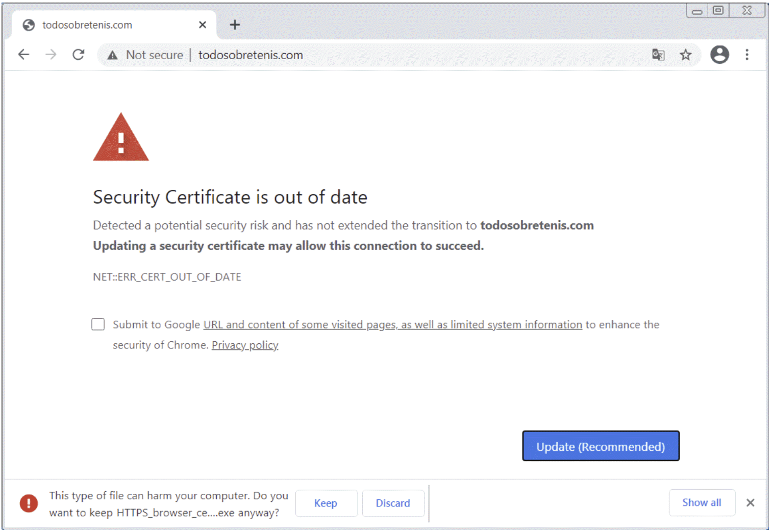 screenshot of browser notification about an expired certificate