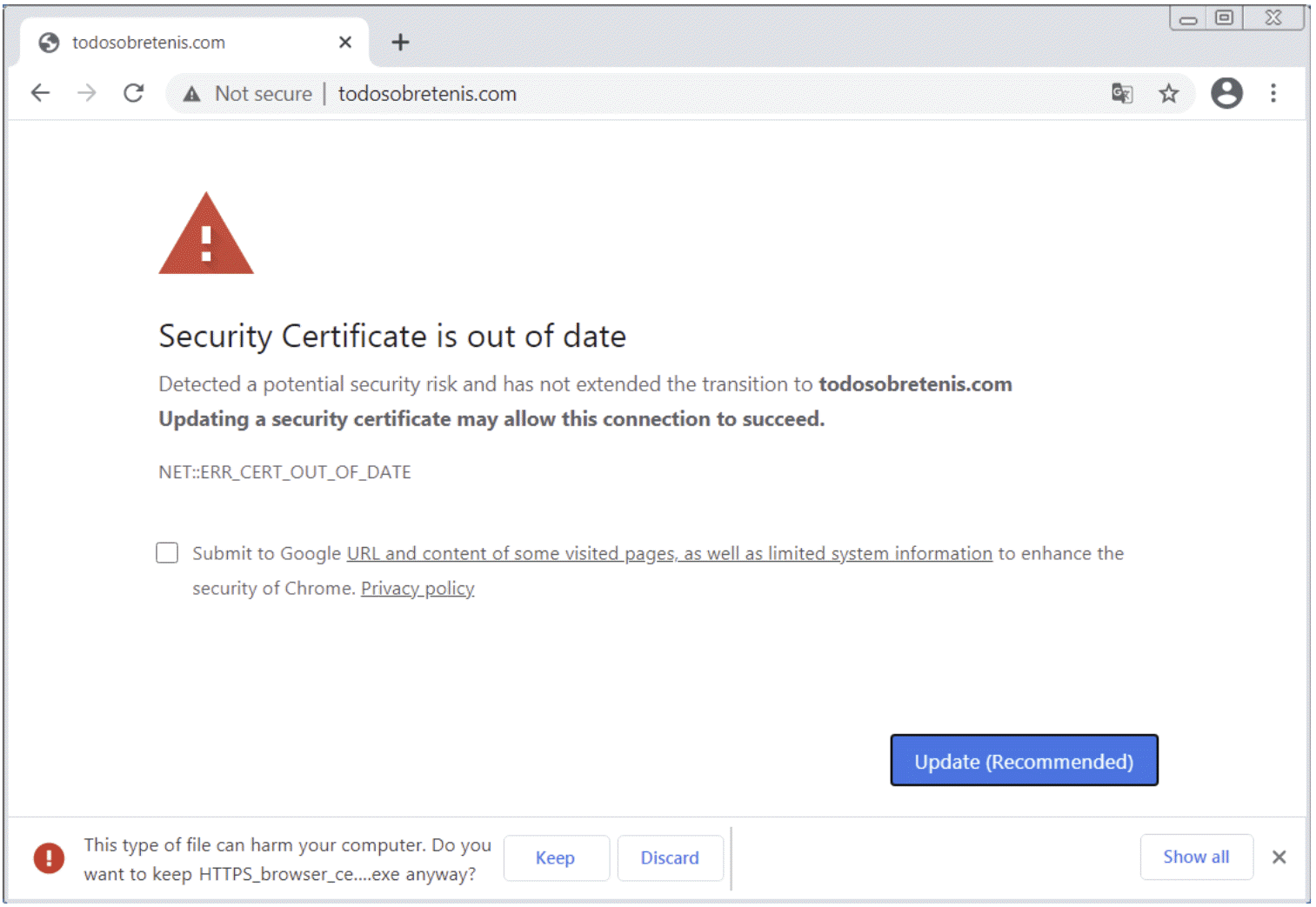 Fake Cert screenshot of browser notification about an expired certificate