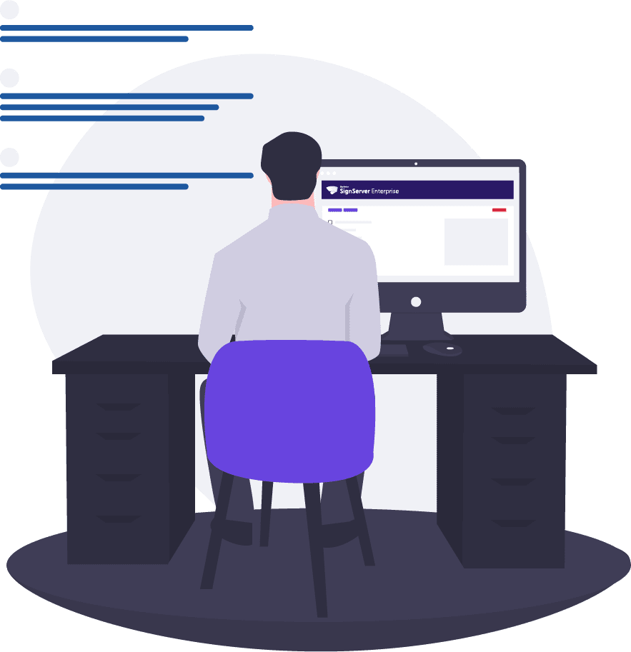 graphic illustration of man working on SignServer Enterprise at a computer