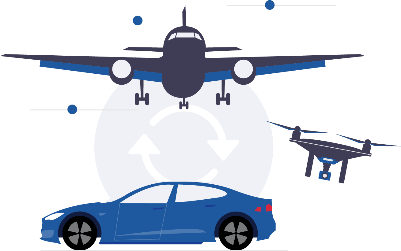 graphic illustration of plan, car, and drone