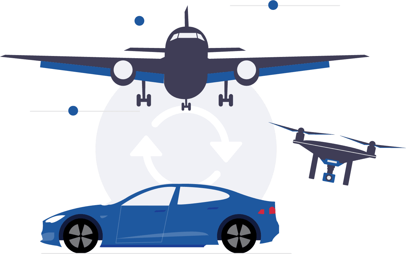 KF Info12@2x Grafische Darstellung von Flugzeug, Auto und Drohne