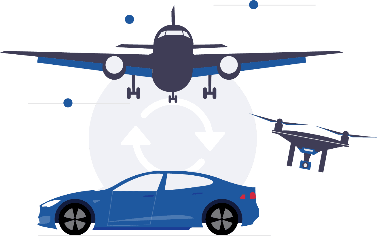 graphic illustration of plan, car, and drone