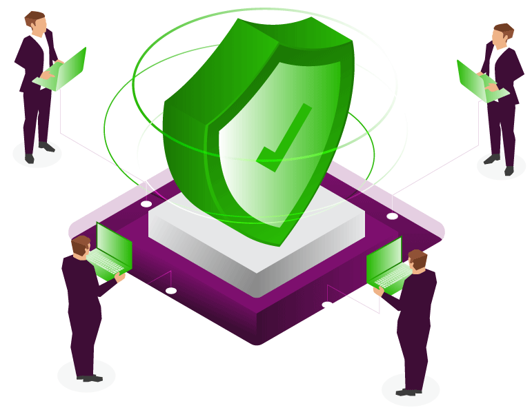 illustration of people using laptops around large shield icon