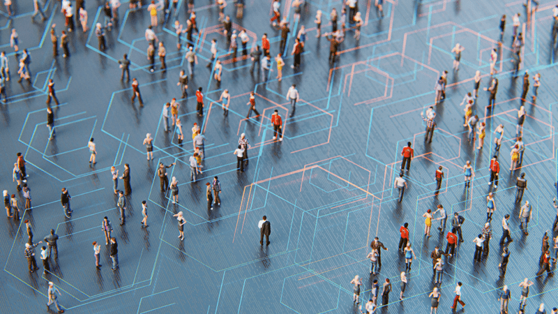 computer illustration of many people on a digital plane