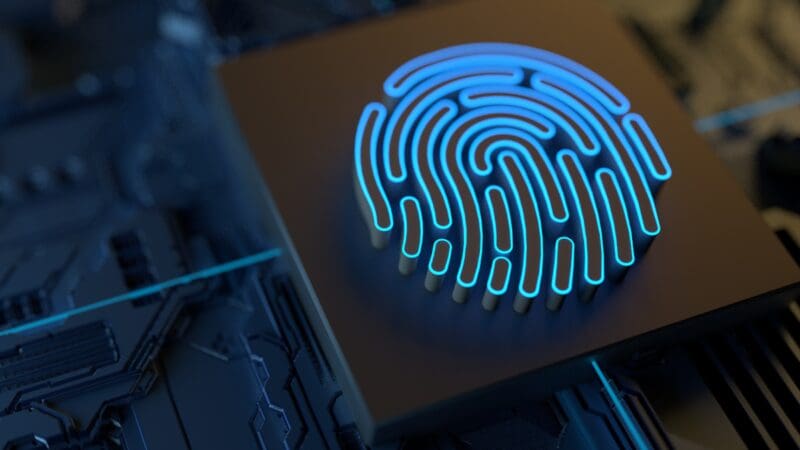 graphic illustration of fingerprint and circuitry