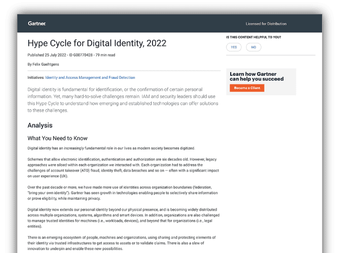 Gartner Hype Cycle for Digital Identity, 2022 Gartner Hype Cycle for Digital Identity, 2022