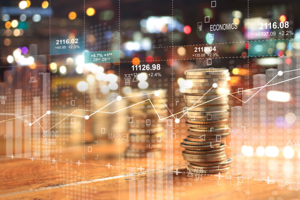 Financial services technology, Double Explosure With Businesss Charts Of Graph And Rows Of Coins For Finance At Night City Background.