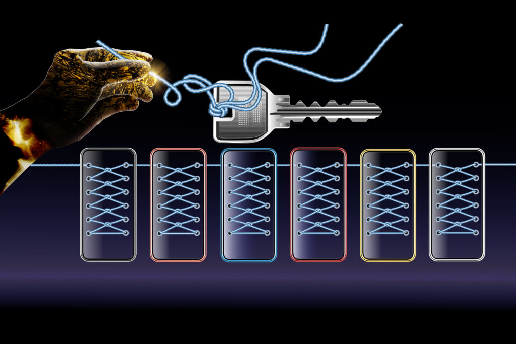 AI Robot Hand With Rope And Key Woven Into Multiple Smartphones