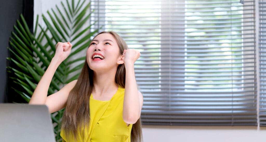 PKI certificate management, business woman, hand rise up with cheerful emotion office window background