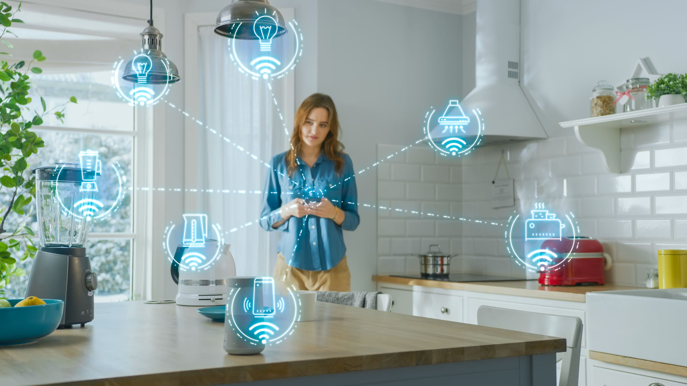 Internet Of Things Concept: Young Woman Using Smartphone In Kitchen. She Controls Her Kitchen Appliances With IOT. Graphics Showing Digitalization Visualization Of Connected Home Electronics Devices