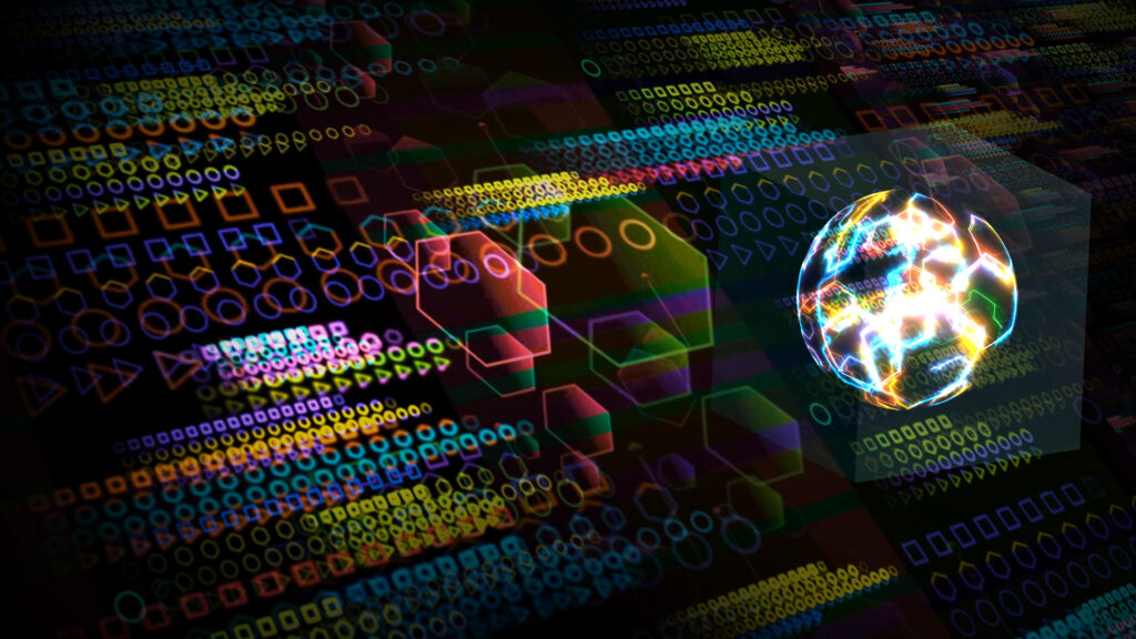 Quantum Computer In The Cube Futuristic Technology Digital Layer Dimension Holographic Process And Analysis For Big Data And Abstract Full Polygon Background