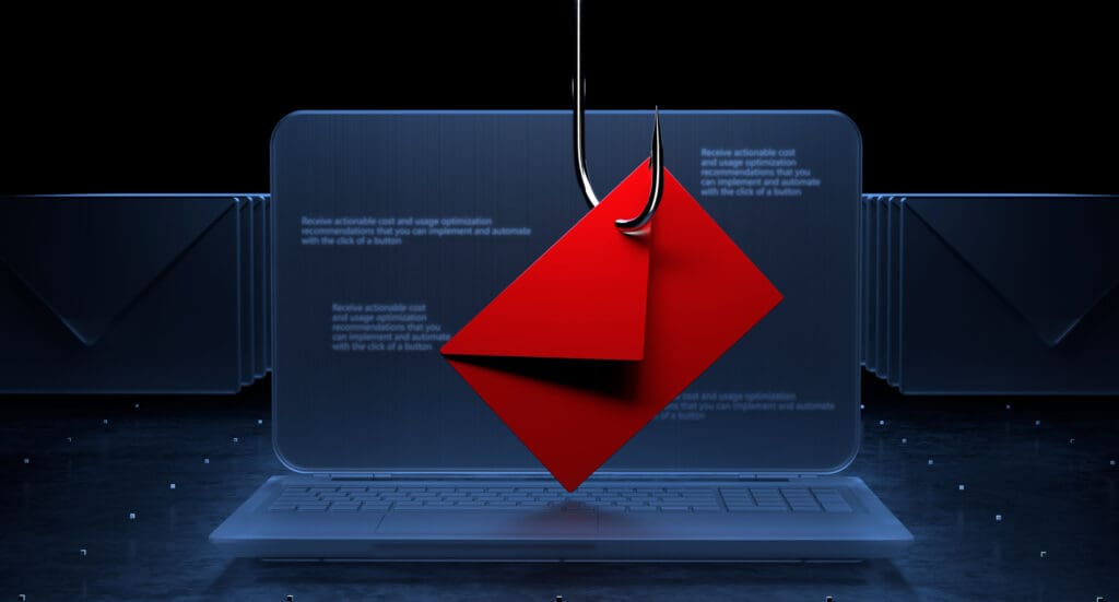 Hook in a digital red envelope on a laptop screen represents the threats of phishing and ransomware