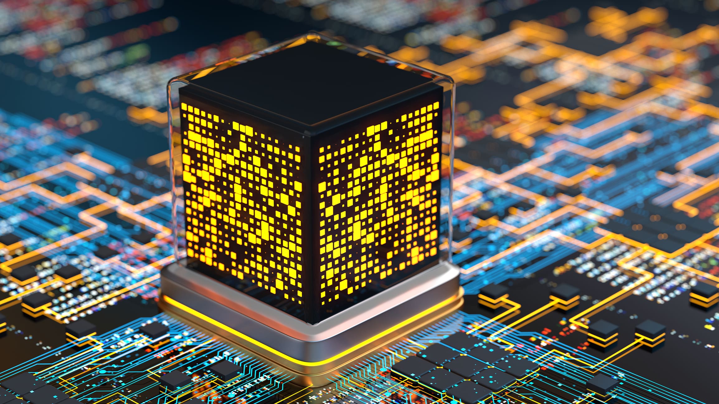 graphic illustration of circuitry and an electric cube