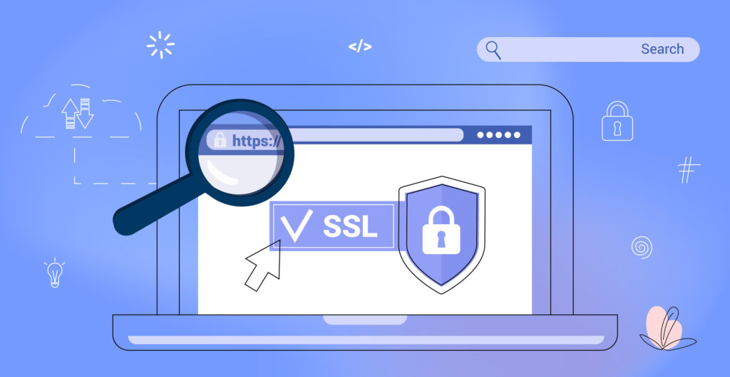 Maginifying glass looking over HTTPS Protected Connection Secure Protocol Security Communication (SSL)