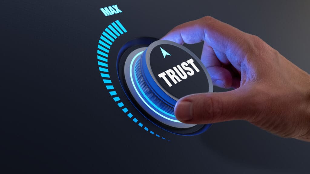 Trust In Business And Finance Relationships. Trusted Partner, Contract, Agreement Or Assurance Concept. Confidence To Work Together, Trustworthy Company. Person Turning Knob To Max Value.