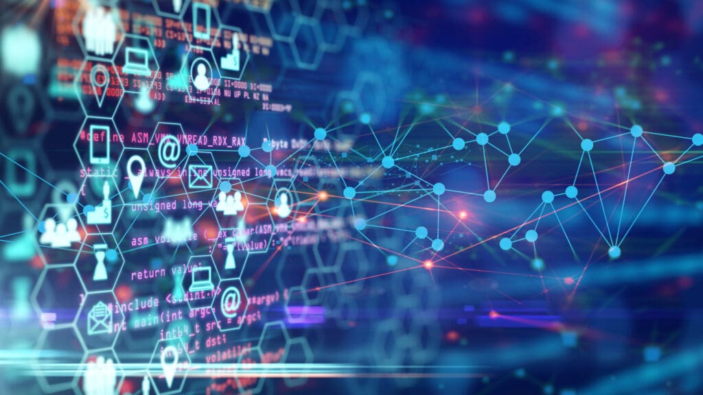 graphic illustration of icons in hexagons and a digital web