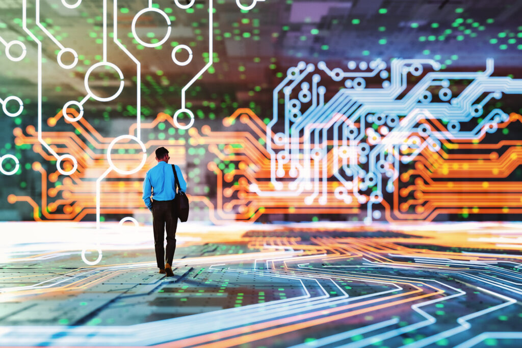 Abstract Image Of Businessman Walking In VR Environment