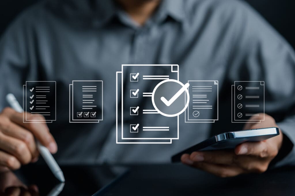 Business person with digital screen that has magnifier check and a focus to digital certificates.