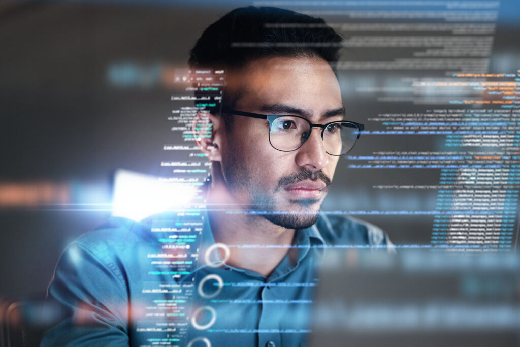 Programming coding and man with focus, hologram and cyber security