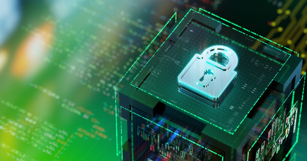 Innovations Of Internet Security. Security And Safety Evolution. Futuristic Lock And Quantum Central Processing Unit.