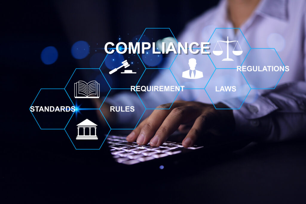 Compliance concept, working with laptop to apply requirement for standard regulation to meet government trade on global business