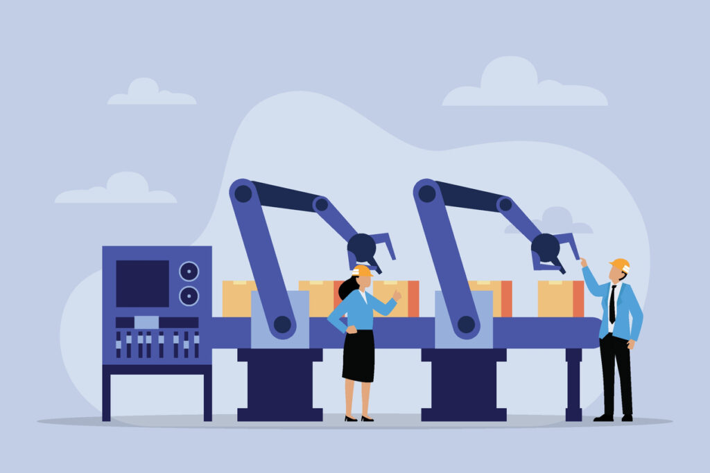 OT security: Smart industry: engineers monitoring and controlling a robotic arm 2d flat vector illustration