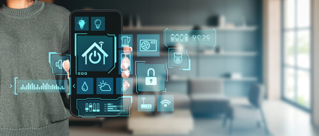 Woman With Phone Using Smart Home App In Living Room