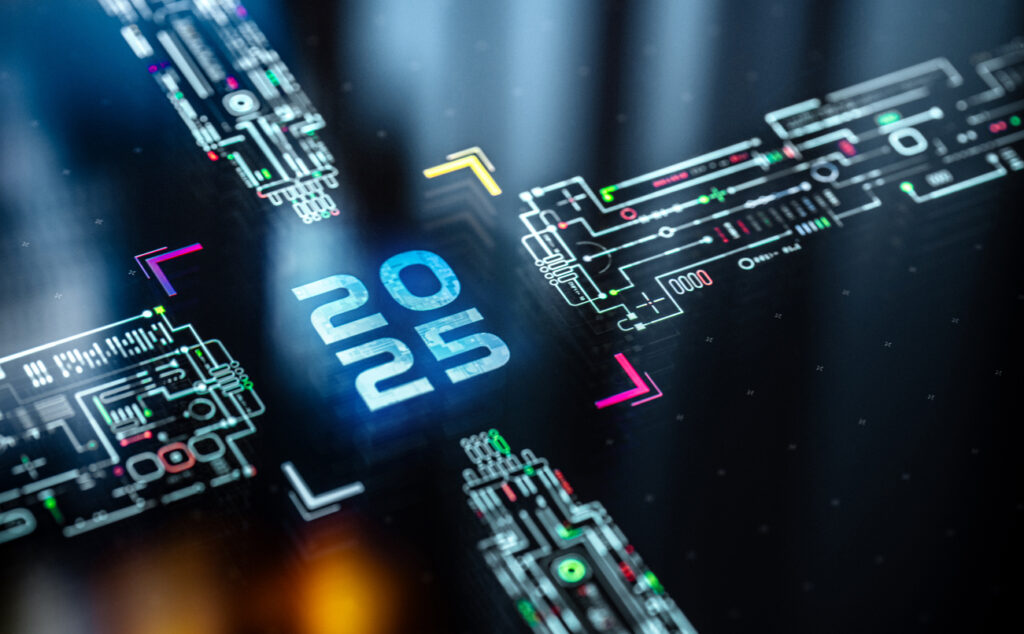 Year 2025 Futuristic Background. 2025 As A Central Core On Motherboard.