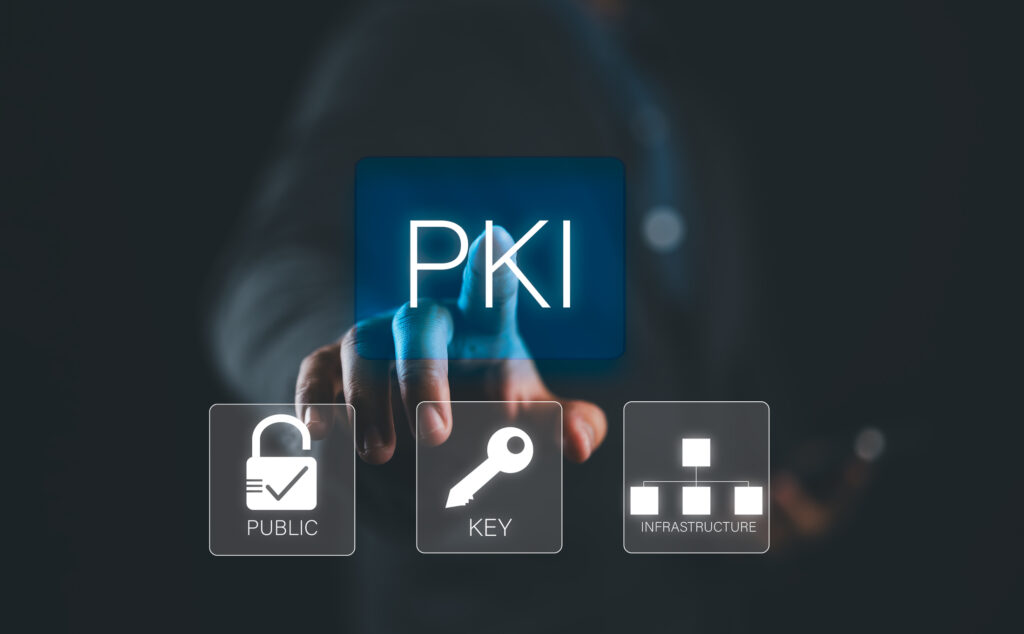 PKI, Public Key Infrastructure Business Concept. Information Security Technology. Person Touching PKI Icons On Virtual Screen