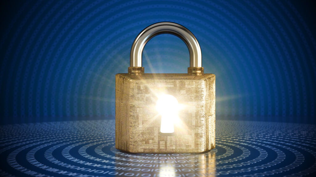 Digital Padlock Shining On A Circular Pattern, Representing Cybersecurity And Data Protection