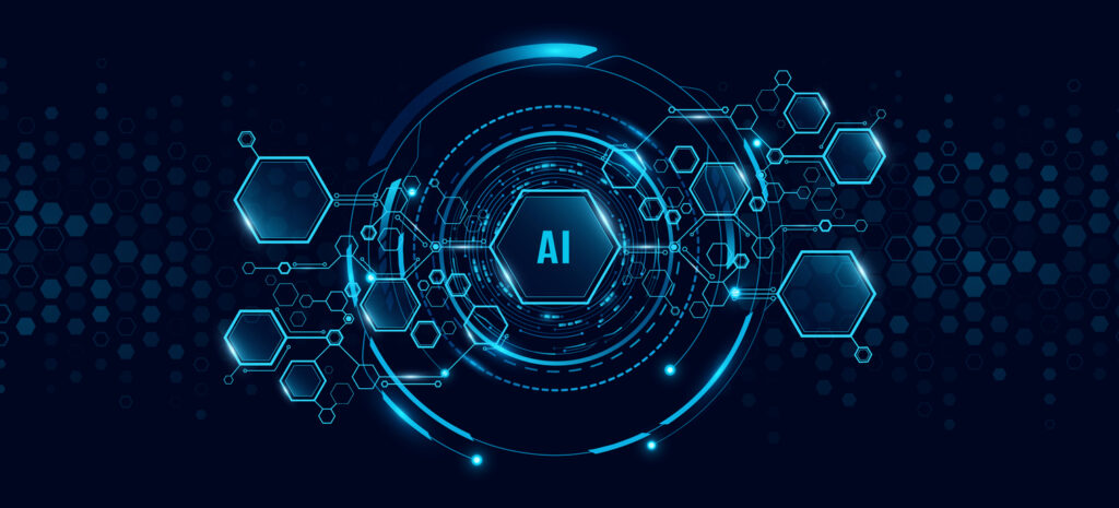 Futuristic AI Chart Of Connected Digital Blue Hexagons With Glowing HUD Circle For UI Or GUI Design. Abstract Cyber Honeycombs Frame For Business Technology Background. Vector