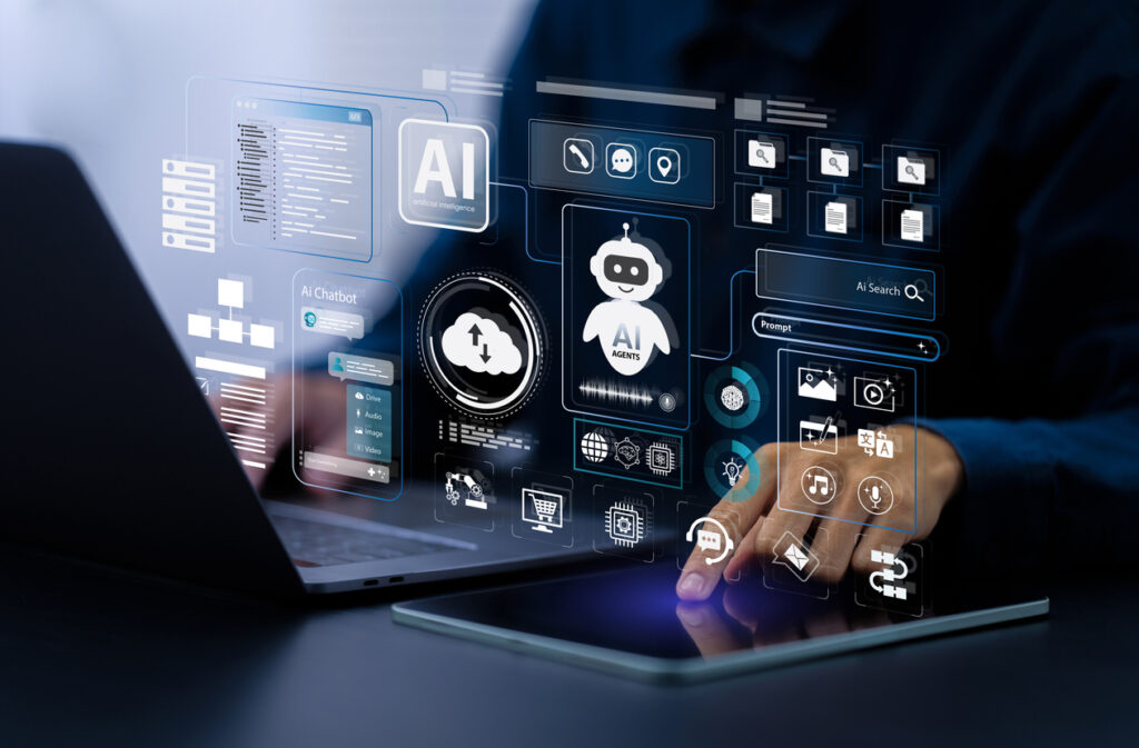 AI Agent And Generative Artificial Intelligence Concept. Businessman Using AI Agents On Screen, Including Chatbots, AI Assistants, And Data Analytics Tools On A Laptop. LLM, Ai Agentic Workflows.