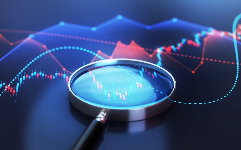 Magnifying Glass On Blue Red Financial Chart Background