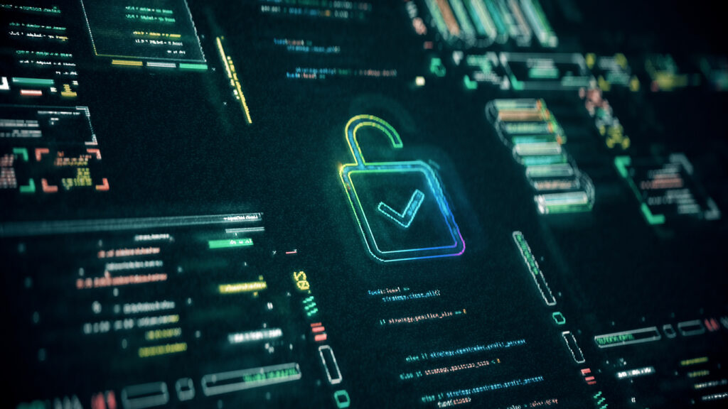 Secure code signing with lock checkmark tech scene