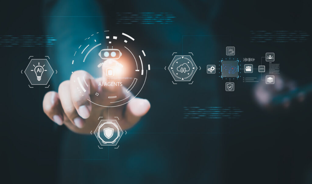 Artificial intelligence automation workflow with AI agents managing digital processes, data analytics, machine learning pipeline, and smart business operation technology scale enterprise efficiency.